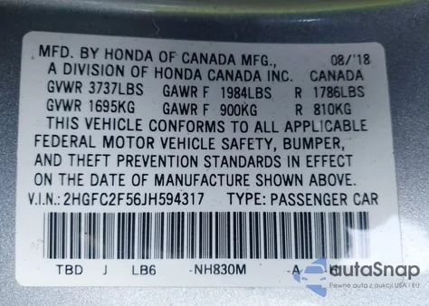 2018 Honda Civic Lx z USA, uszkodzony, nr VIN 2HGFC2F56JH594317